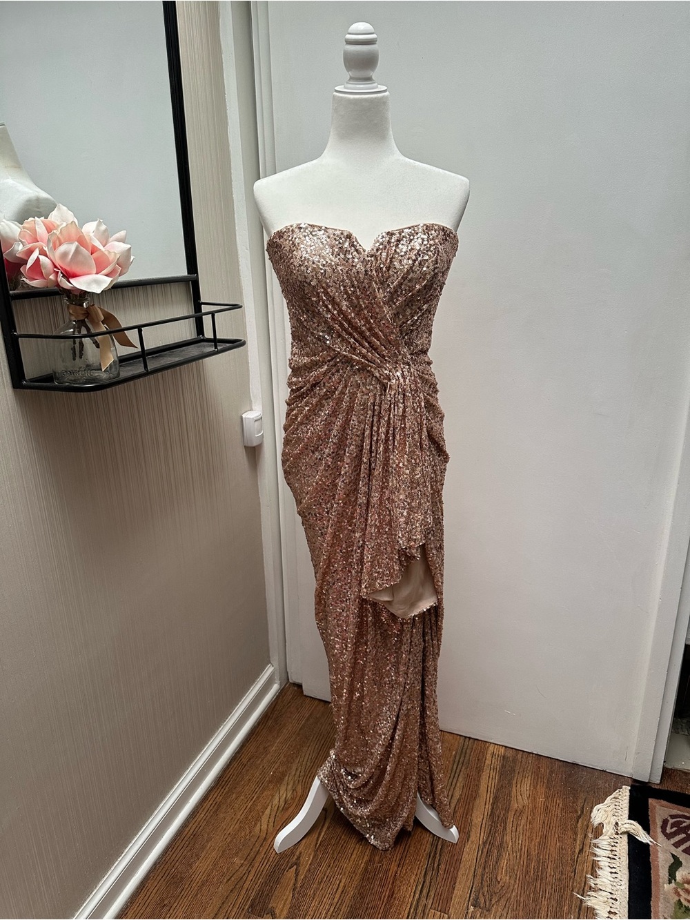 Badgley Mishka Strapless Champagne Gold Sequin Evening Gown